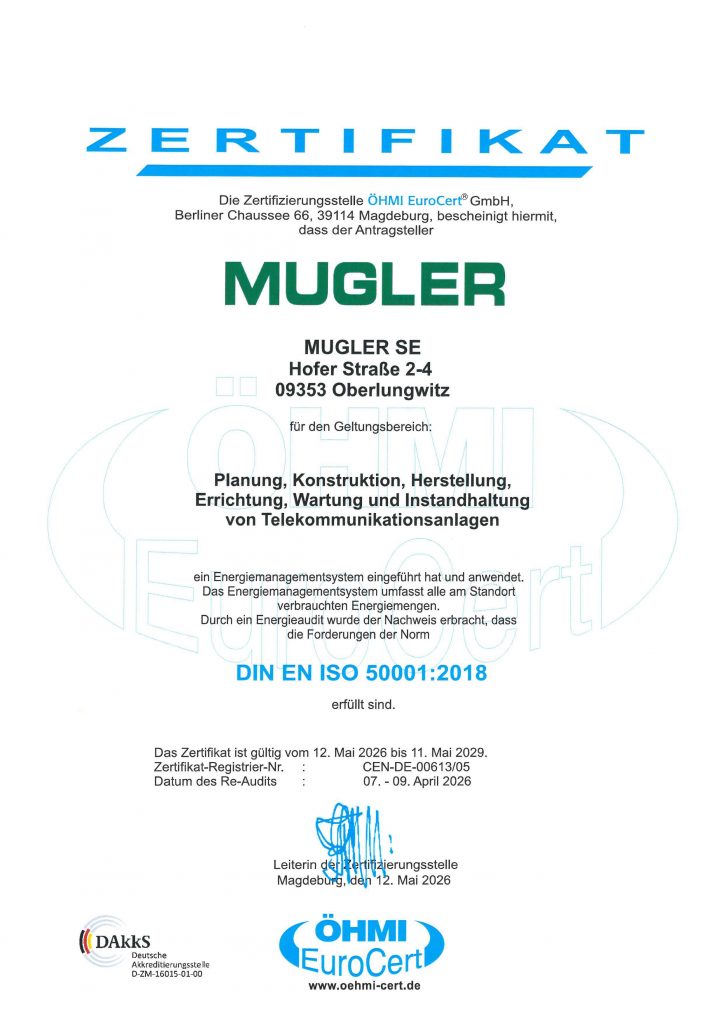 DIN EN ISO 50001 Zertifikat MUGLER SE